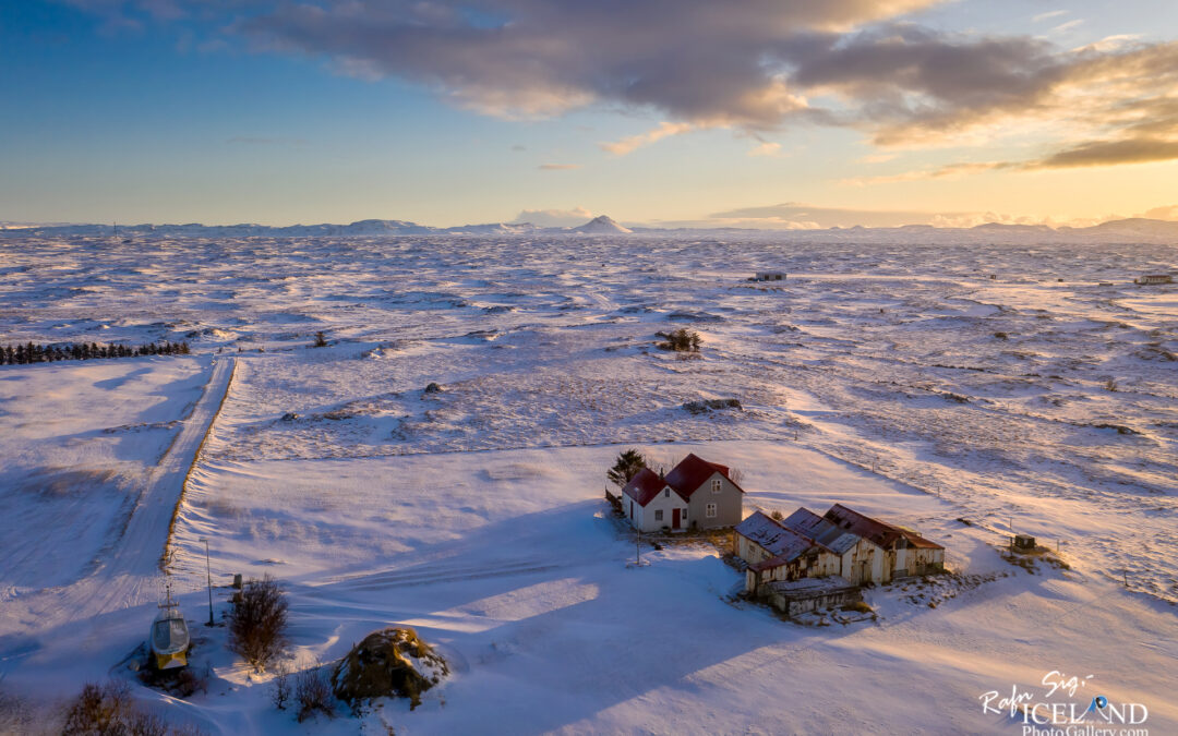 Bakki farmhouse at Vatnsleysuströnd Iceland in the winter twilight