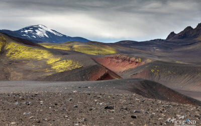 Valagjá Crater in many colors with Volcano Hekla in the background