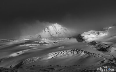 Kverkfjöll mountains in winter and bl and wht in a snowstorm