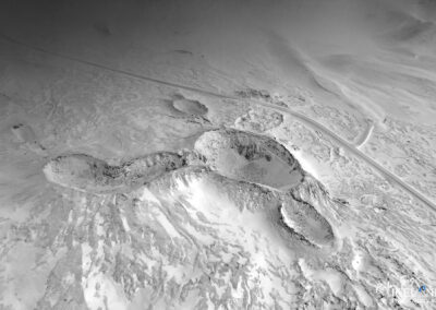 Three craters in the Highlands of Bláfjöll in winter snow