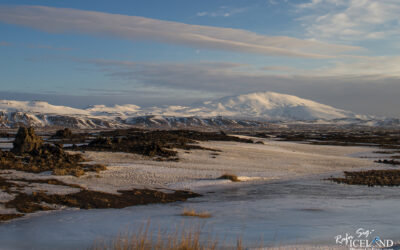 Hekla Glacier Volcano from distance covered in snow