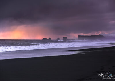 A picturesque view of Iceland's black beach, highlighted by purple clouds and dynamic waves, embodying the beauty of nature with a cliff in the background