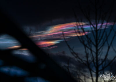 The image features a dramatic sky at dusk, showcasing a blend of dark blues and blacks, with vibrant streaks of pink, orange, and turquoise highlighting the clouds. In the foreground, silhouettes of bare tree branches are visible against the colorful backdrop, creating a stark contrast with the ethereal display of light in the sky.