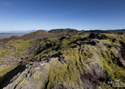 A panoramic view of a moss-covered lava field, showcasing a rugged landscape with patches of green moss and dark volcanic rock formations. In the background, rolling hills and a distant mountain range are visible under a clear blue sky. The scene captures the stark beauty of Icelandic nature, highlighting the contrast between the soft moss and the harsh volcanic terrain.