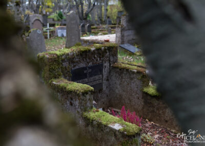 A weathered gravestone partially covered in moss is prominently featured in the foreground, with the inscription visible. Surrounding it are various other gravestones, some adorned with crosses, in a tranquil cemetery setting. Soft autumn foliage and small pink flowers add a touch of color to the scene, which is framed by tree branches in the background, suggesting a serene and reflective atmosphere.