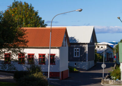 A street view featuring a mix of colorful houses, two of which have sloped roofs—one with an orange metal roof and the other with a light gray roof. The buildings are surrounded by trees and streetlights, with a blue sky in the background. The scene conveys a quaint, charming neighborhood atmosphere.