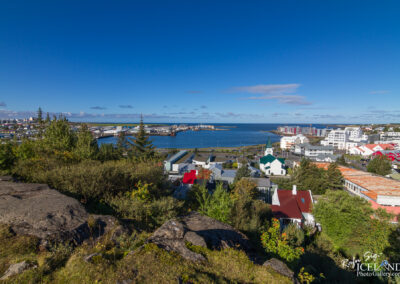 A panoramic view of a coastal town with colorful houses, some with red roofs and others in varying shades, set against a backdrop of a large harbor filled with boats. In the foreground, green vegetation and rocky formations are visible, while the horizon features clear blue skies and patches of cloud. Buildings line the waterfront, and a tall church steeple with a green roof stands out among the structures. The scene conveys a vibrant coastal atmosphere.