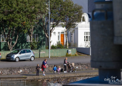 A group of people, including adults and children, are walking along a pathway by a body of water, where ducks are gathered. They are near a residential area featuring houses with green and white facades, one with a distinctive orange door. Some individuals are interacting with the ducks, while others are pushing strollers. A silver car is parked nearby, and there are trees providing shade along the pathway.