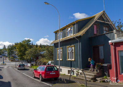 A vibrant street scene featuring a colorful two-story house with a green exterior and a yellow roof, surrounded by various trees and shrubs. A young child is seen descending the steps in front of the house, while parked cars line the street. The sky is clear with a few fluffy clouds, creating a bright and cheerful atmosphere.