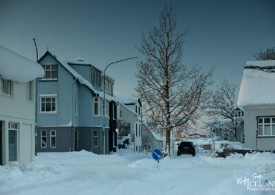 A snowy street scene featuring several colorful houses with snow-covered rooftops. The foreground shows a tree with bare branches and a snow-covered road with a circular directional sign. Fresh snow blankets the ground and the rooftops, creating a serene winter atmosphere. The sky is a muted blue, hinting at early morning or late afternoon light. A black car is parked alongside the houses.