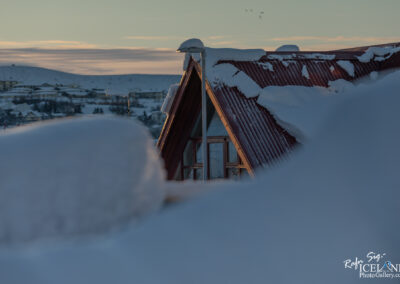 A snowy landscape features an A-frame house with a red metal roof partially covered in snow. The foreground shows a thick layer of snow, while the background reveals more buildings and trees blanketed in white. The lighting suggests early morning or late afternoon, with soft colors in the sky hinting at sunrise or sunset. Silhouettes of birds can be seen flying in the distance against the pastel sky.