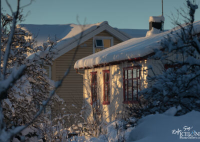 A snowy landscape featuring two houses partially visible among trees. The foreground house, with red window frames and a snow-covered roof, is bathed in warm light from the sun, while the background house, beige with a window, is slightly obscured. The scene conveys a tranquil winter atmosphere with soft shadows and vibrant contrasts between the snow and the architectural details.