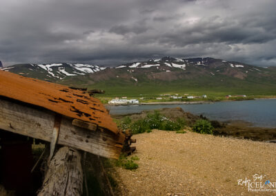 A scenic view of a coastal landscape featuring a foreground with an old, rusted corrugated roof resting on wooden beams. In the background, lush green fields lead to a small settlement with white buildings nestled by the water. Snow-capped mountains rise dramatically behind the town under a moody sky filled with clouds. The shoreline is rocky with patches of grass and wildflowers visible.