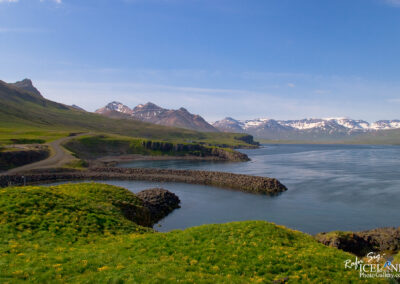 A picturesque landscape featuring a tranquil body of water surrounded by lush green hills and rugged mountains. The mountains in the background are partially covered in snow, and the sky is clear with a few wispy clouds. In the foreground, patches of yellow flowers are visible on the hillside, while a road curves gently along the coastline. A stone jetty extends into the water, emphasizing the serene natural beauty of the scene.