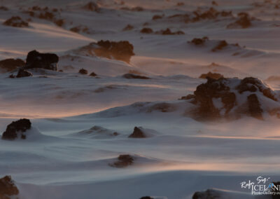 A snowy landscape with uneven ground covered in a thick layer of powdery snow. Jagged, dark volcanic rocks protrude from the white surface, creating a stark contrast against the snow. The scene is illuminated by a soft, warm light, suggesting either sunrise or sunset, which casts gentle shadows and highlights the undulating shapes of the snowdrifts. A sense of calm and isolation pervades the image, with distant, undulating hills blurred by a light haze or mist in the background.