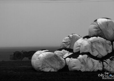 The image features large, round hay bales wrapped in white plastic, stacked on a dark, earthy landscape. The scene is set in a foggy atmosphere that obscures the background, creating a monochromatic effect. In the distance, a faint silhouette of a vintage tractor is partially visible, adding a rustic feel to the setting. The overall mood is calm and slightly mysterious, with the soft contrasts between the dark ground and the light bales.
